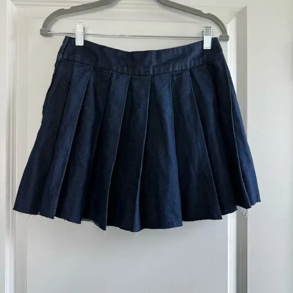 ZARA Pleated Dark Denim Raw Hem Cotton Skirt - Picture 4 of 6